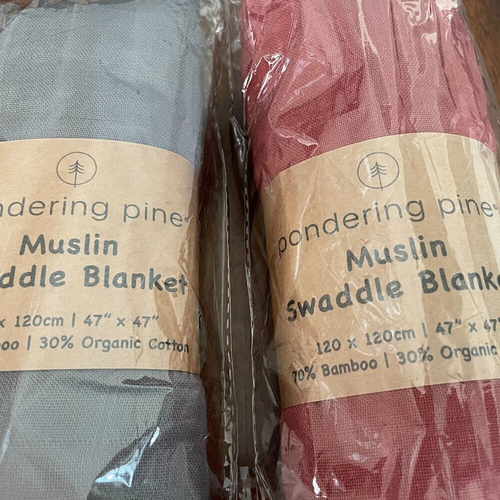 Pondering Pine Muslin Swaddle Blankets Set of 2 Red & Gray Cozy Comfy Bamboo! - Picture 2 of 2